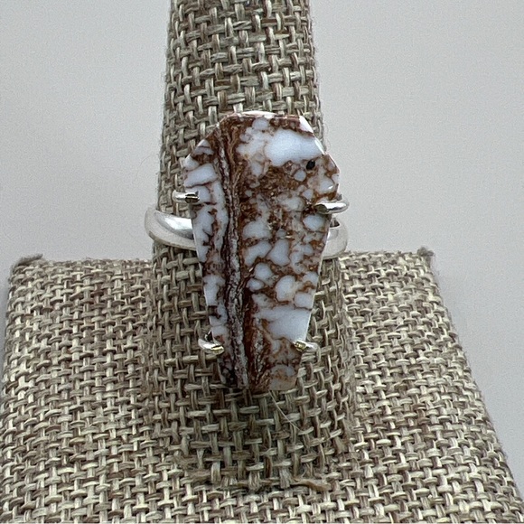 Wild Horse Jasper Stone Prong Set Coffin Cut Silver Overlay Ring Size 9.25 - Picture 3 of 9